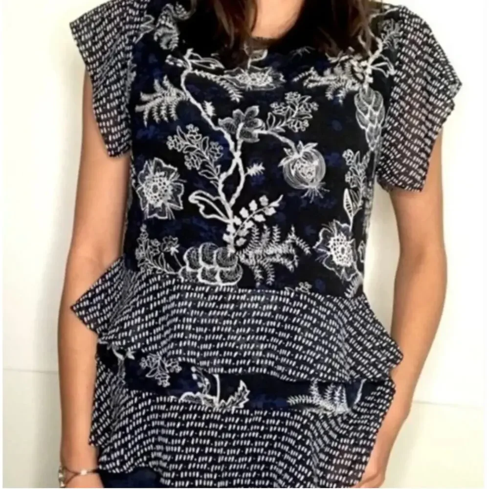 2/$15 Cabi Hybrid Layered Blouse Navy Blue Floral Ruffle Sleeve #5355 Size S